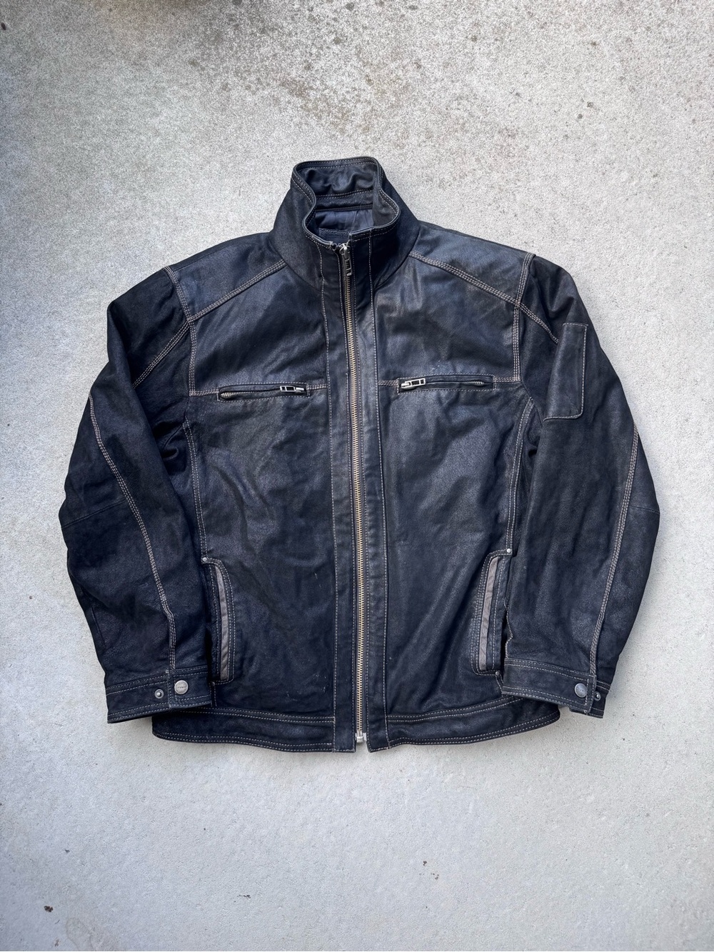 Men's Black Bomber Jacket with Stand Collar and Zip Pockets